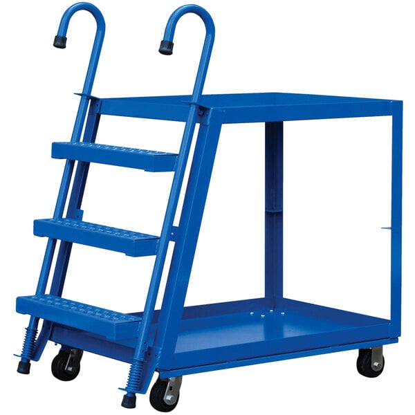 A blue Vestil stock picker with two shelves on wheels.