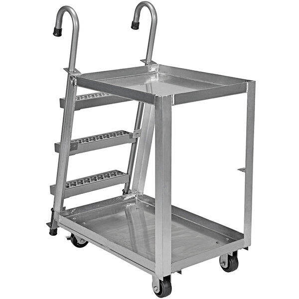 A silver metal cart with two shelves and a ladder.