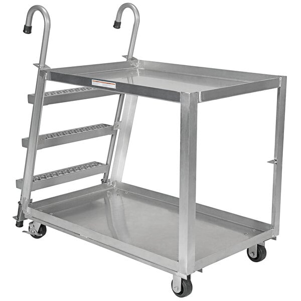 A silver metal Vestil stock picker with two shelves and a ladder.