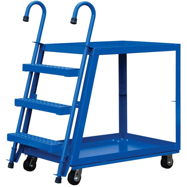 A blue Vestil stock picker cart with two shelves and ladder.