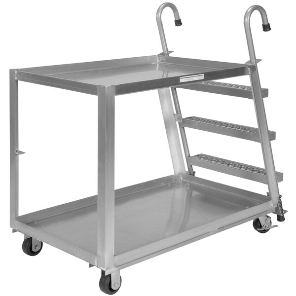 A Vestil aluminum stock picker with steel ladder on wheels.