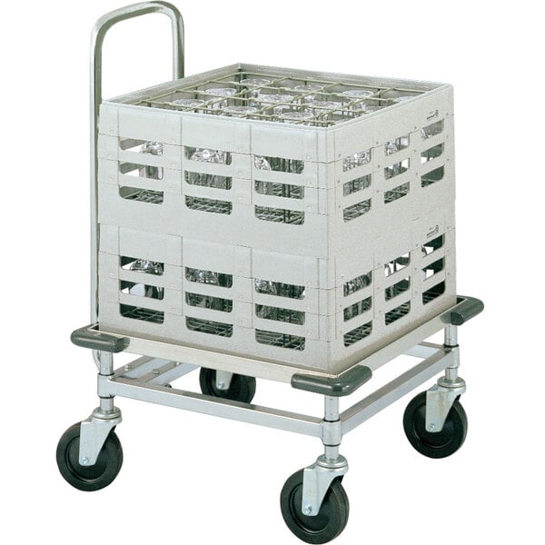 A Metro heavy duty aluminum glass rack dolly with corner bumpers and a handle.
