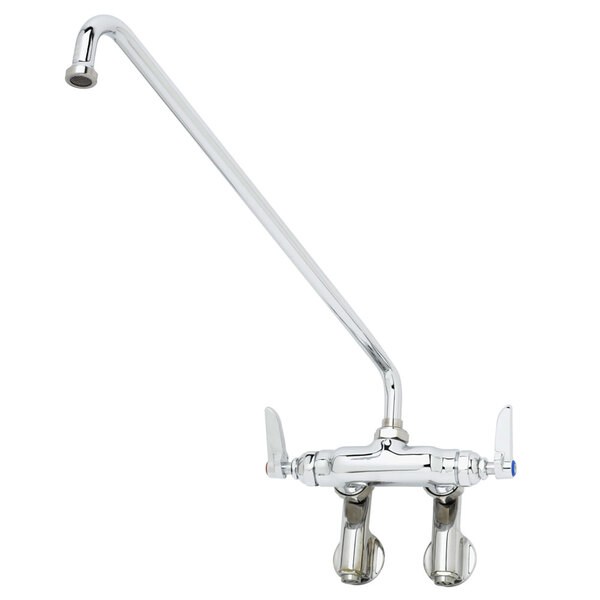 A chrome T&S wall mounted pantry faucet with a long swing nozzle.