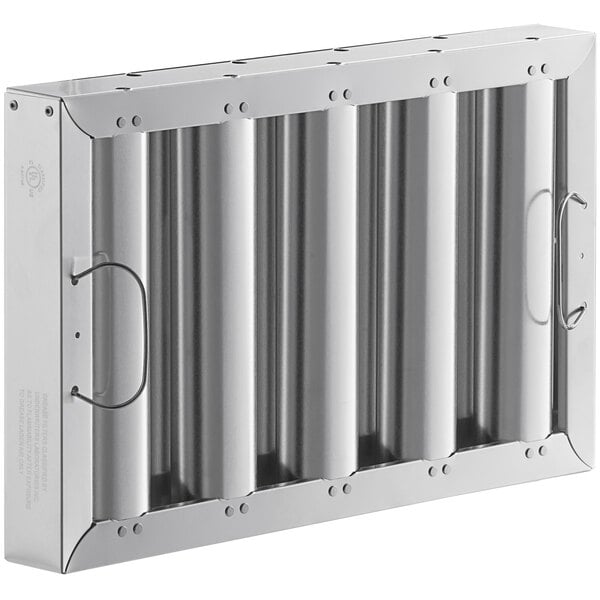 A silver aluminum hood filter with metal bars.