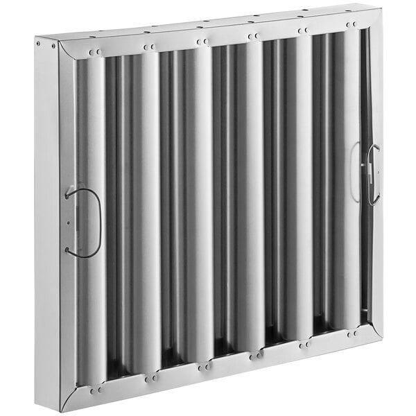 An aluminum hood filter with four holes in the corners.