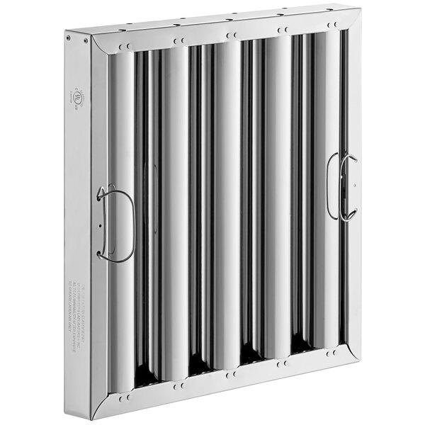 A stainless steel hood filter with four vertical metal bars.
