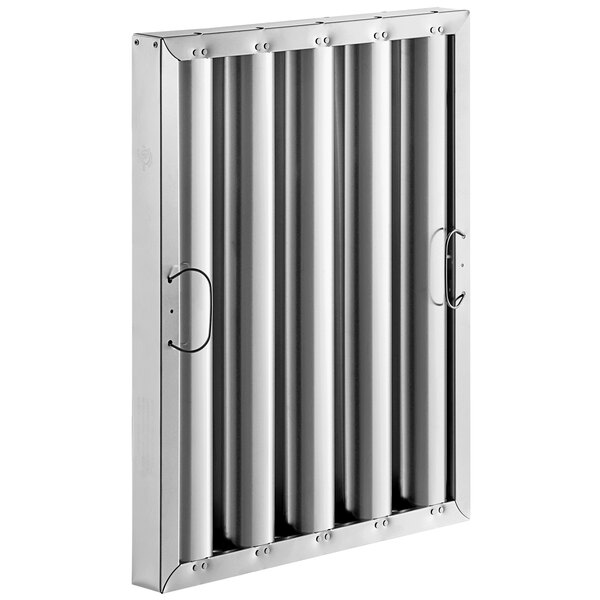 A silver aluminum hood filter with vertical tubes.