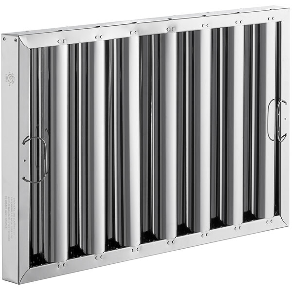 A stainless steel hood filter with rows of holes.