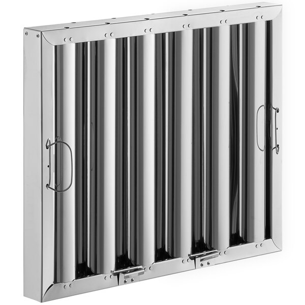 A stainless steel hood filter with lower bracket.