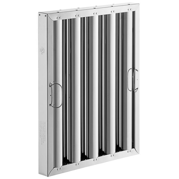 A stainless steel rectangular hood filter with vertical tubes.