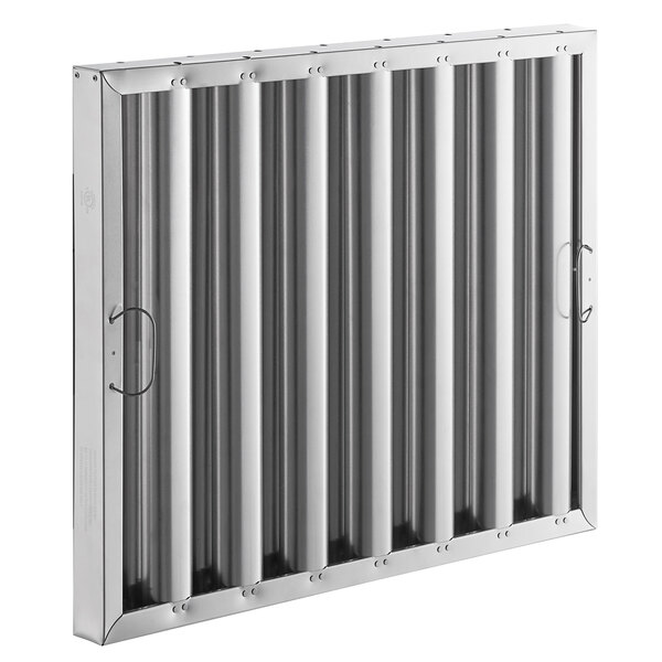 An aluminum hood filter panel with rows of holes.