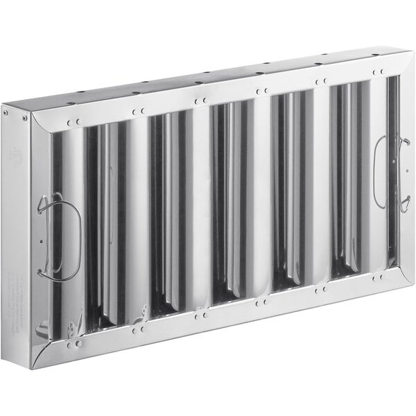 A 10x20 inch stainless steel rectangular hood filter with metal bars.