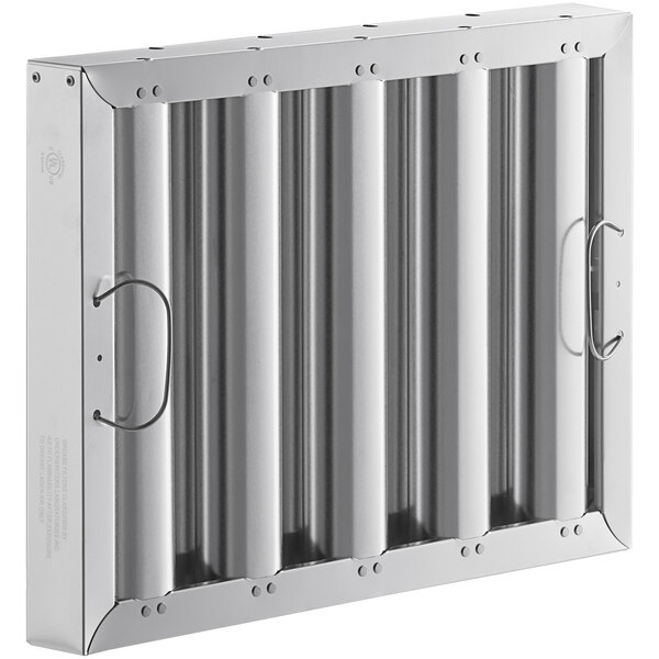 A silver rectangular aluminum hood filter with metal bars.