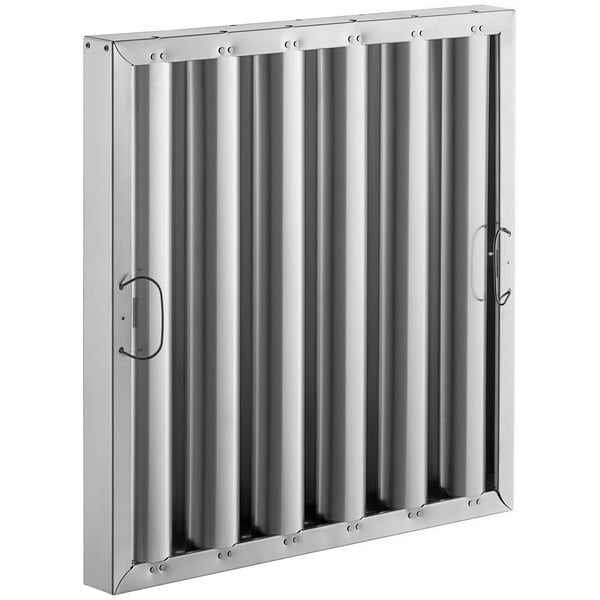 An aluminum hood filter panel with four rows of holes.