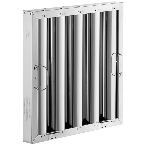A stainless steel rectangular hood filter with vertical lines.