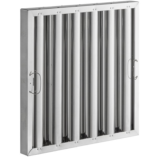 A stainless steel square filter with vertical lines.