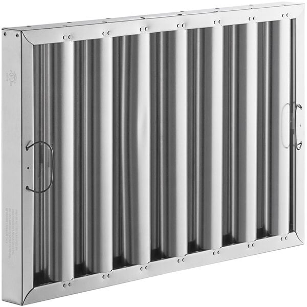 An aluminum hood filter with four rows of holes.