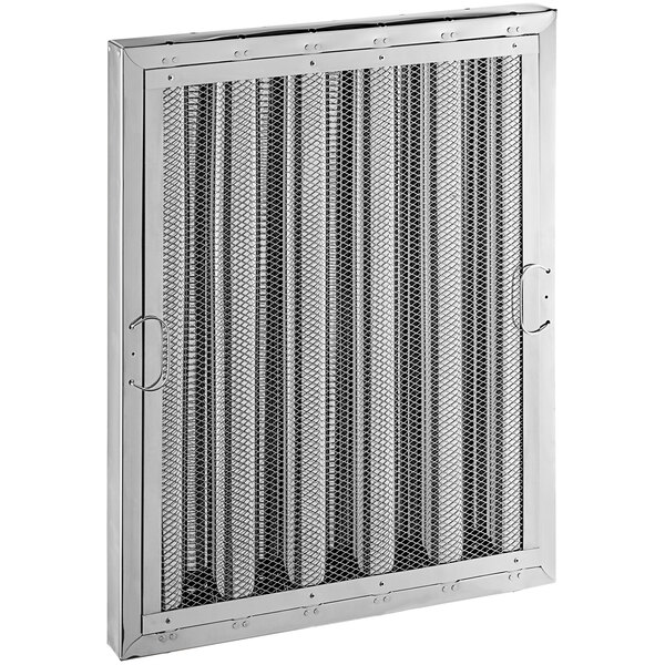 A stainless steel hood filter with a metal screen.