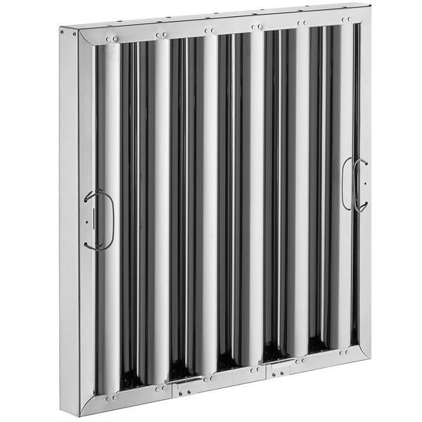 A stainless steel hood filter with lower bracket.