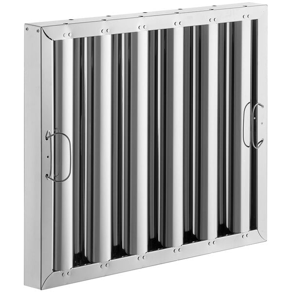 A stainless steel hood filter with vertical stripes.
