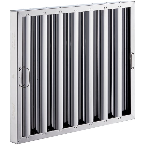 A stainless steel hood filter panel with four rows of holes.