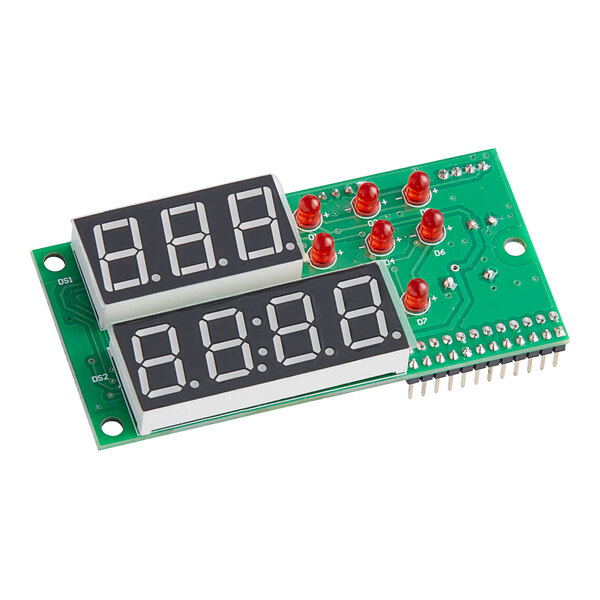 A green circuit board with a digital display and red lights.