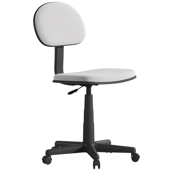 A Flash Furniture low-back gray mesh office chair with black wheels.