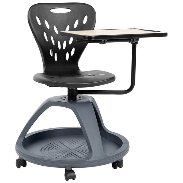 A black Flash Furniture mobile desk chair with a tray on wheels.
