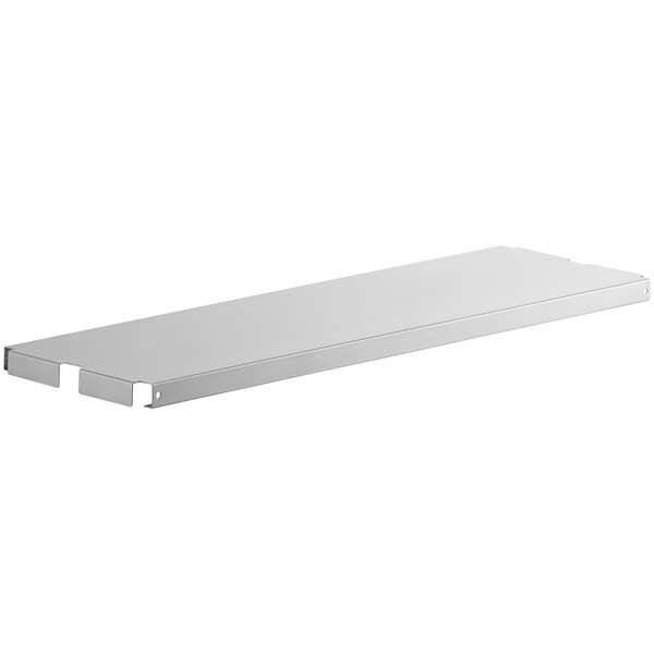 A white rectangular steel shelf with holes.