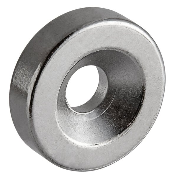 A stainless steel washer with a hole in it.