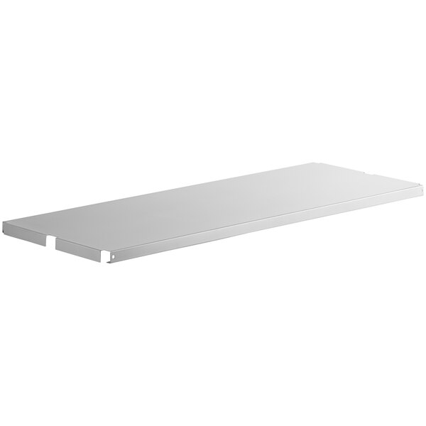 A white steel rectangular shelf with holes.