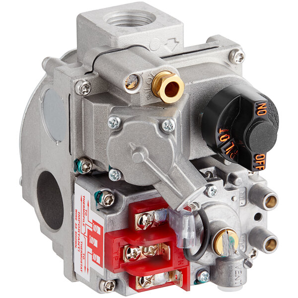 A silver Millivolt Liquid Propane Pilot Combination Valve with black and red knobs.
