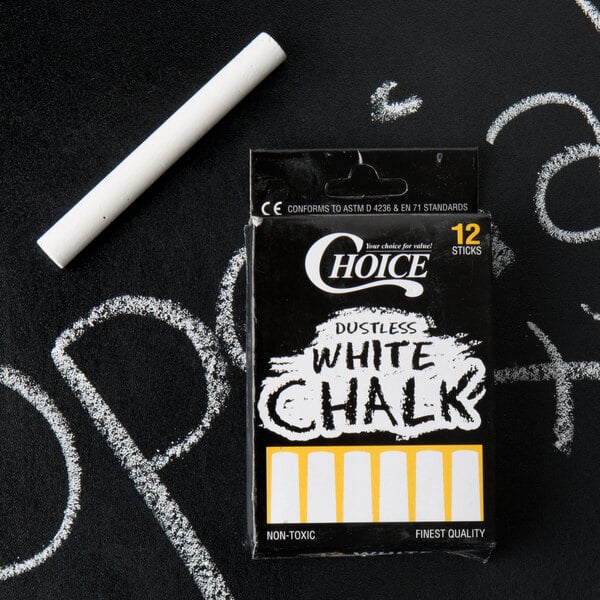 A black box with white text reading "Choice 12 Count White Chalk" next to a stick of chalk.