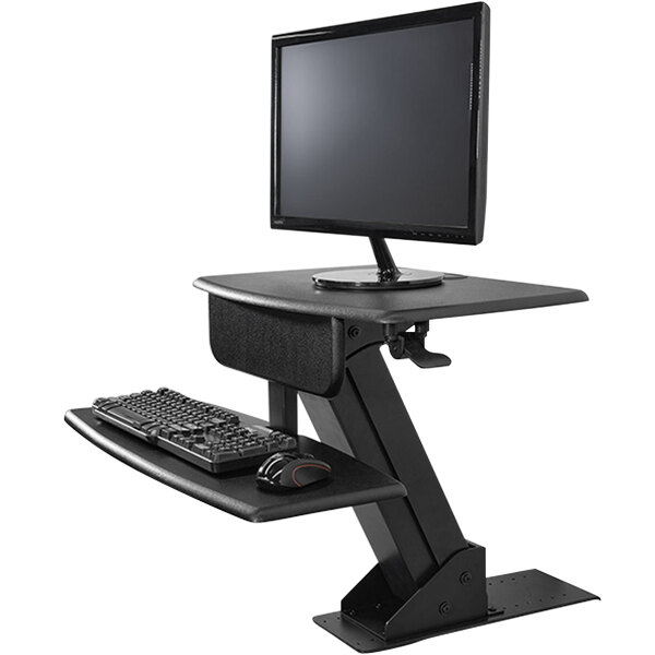 A black Kantek sit to stand desktop desk with a keyboard and monitor.