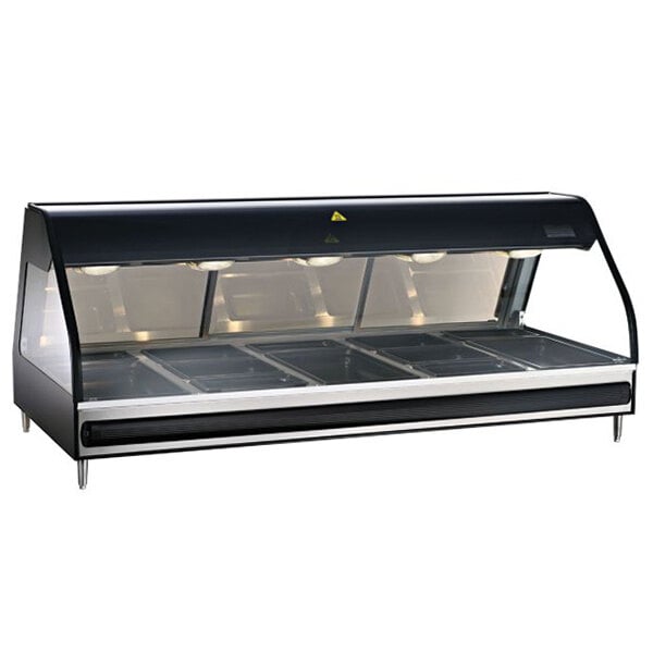 An Alto-Shaam stainless steel countertop heated display case with curved glass and lights over food.