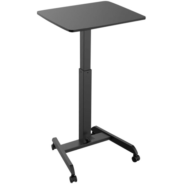 A black rectangular Kantek sit to stand desk with wheels.