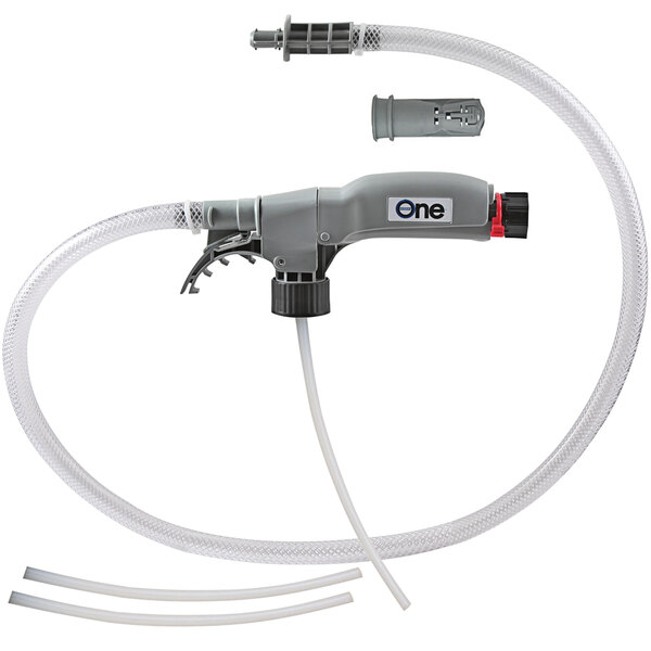 A grey DEMA One single fill dispenser with a black handle and nozzle on a hose.