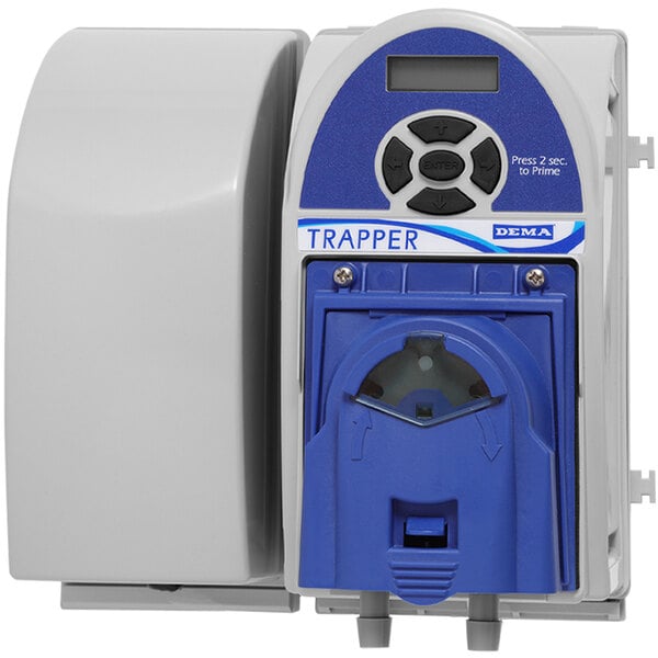 A close-up of a Dema Trapper 2507B.E chemical dispenser with blue and white buttons.