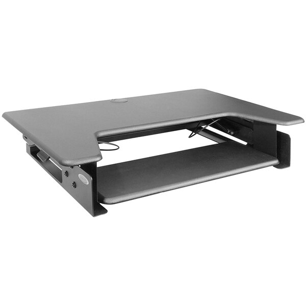 A black Kantek sit to stand desk with a shelf on top.