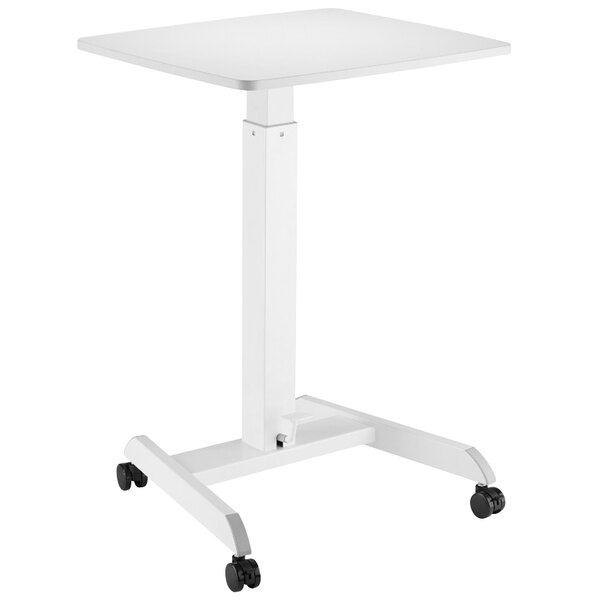 A Kantek white sit to stand desk on wheels.