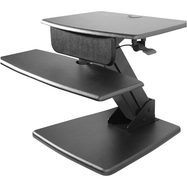 A black Kantek sit to stand desk with a laptop on the keyboard tray.
