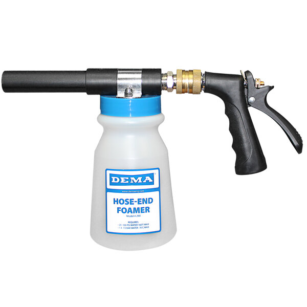 A white Dema hose end foamer spray gun attached to a white bottle with a blue label.