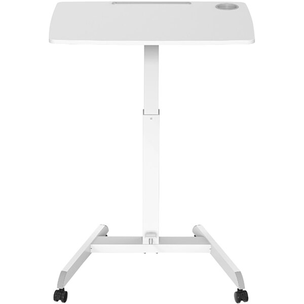 A white rectangular Kantek sit to stand desk with wheels.