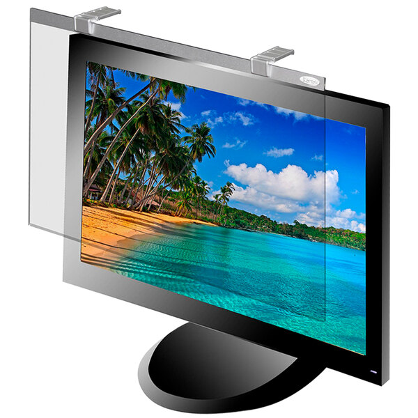 A Kantek widescreen LCD monitor with an anti-glare filter on the screen showing a beach scene.