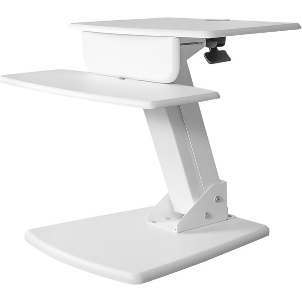 A white Kantek sit to stand desktop desk with a black keyboard tray.