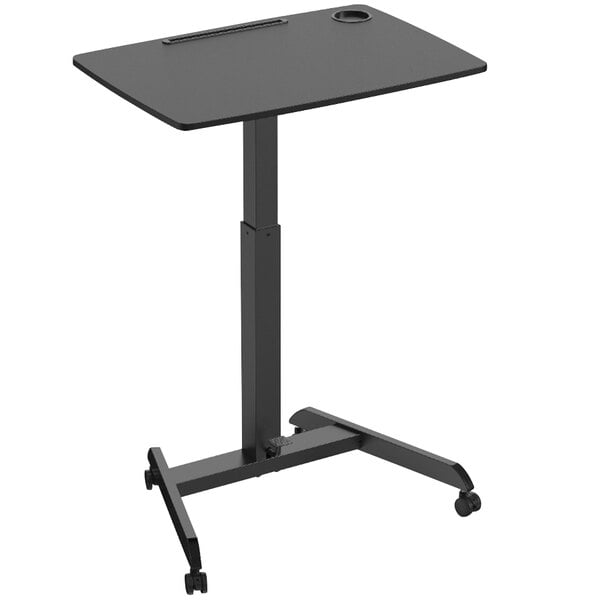 A black rectangular table with wheels.