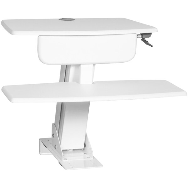 A white Kantek sit to stand desk with a keyboard tray.