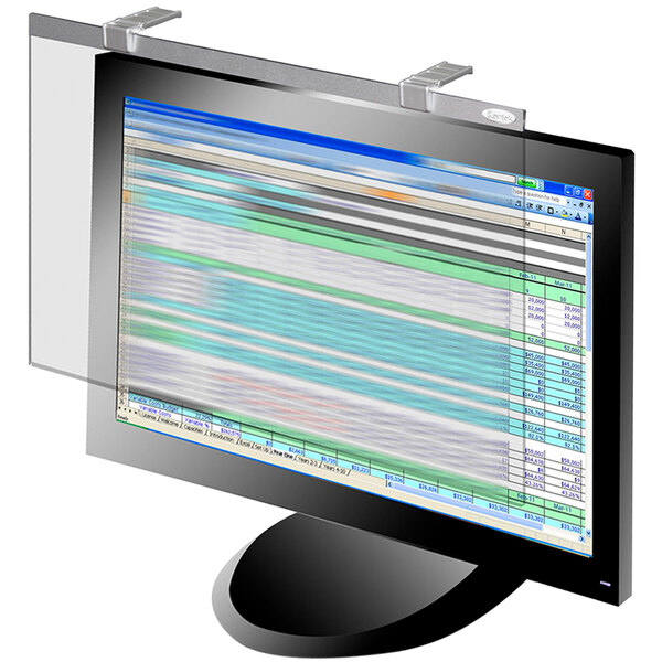 A Kantek LCD Deluxe Monitor Privacy Filter attached to a computer screen.