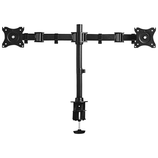 A black metal Kantek dual monitor arm with two arms.