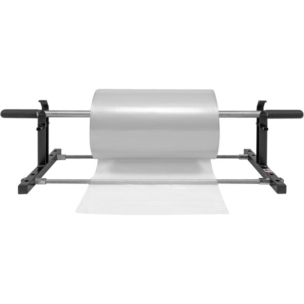 A Lavex tabletop mount stand with a roll of white plastic on it.